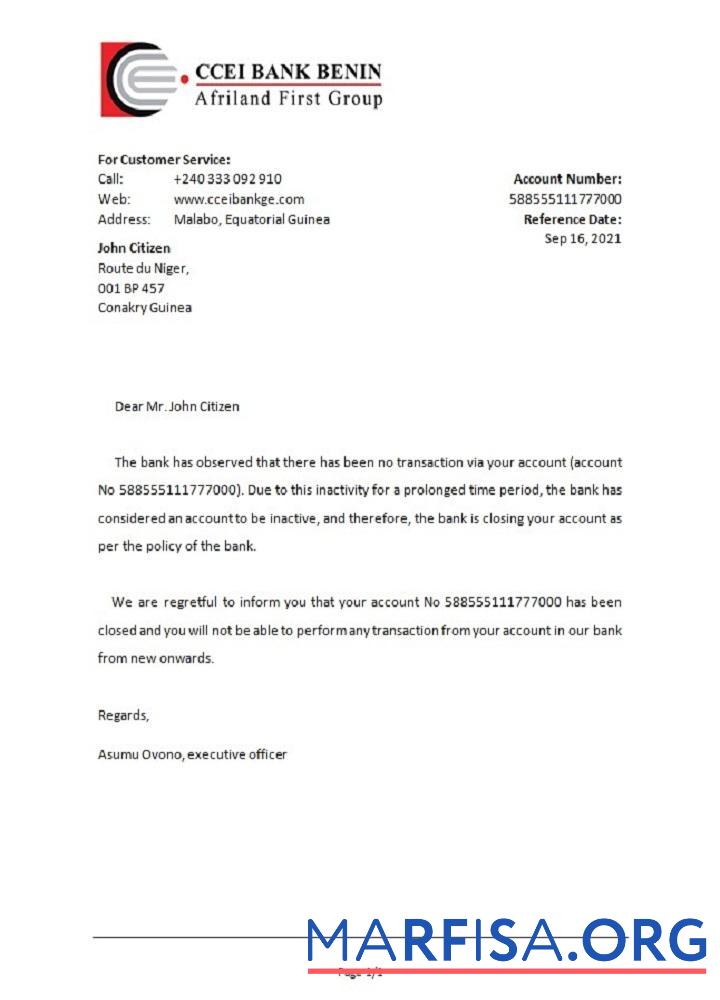 Realistic Equatorial Guinea CCEI Bank Benin bank closure reference real example